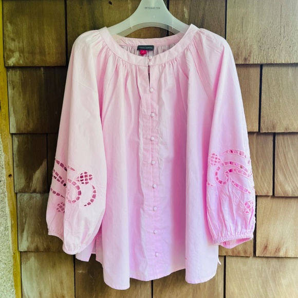 Vince Camuto Plus Size Cotton Embroidered Puff Sleeve Top, Pink Horizon 1X - Picture 2 of 11